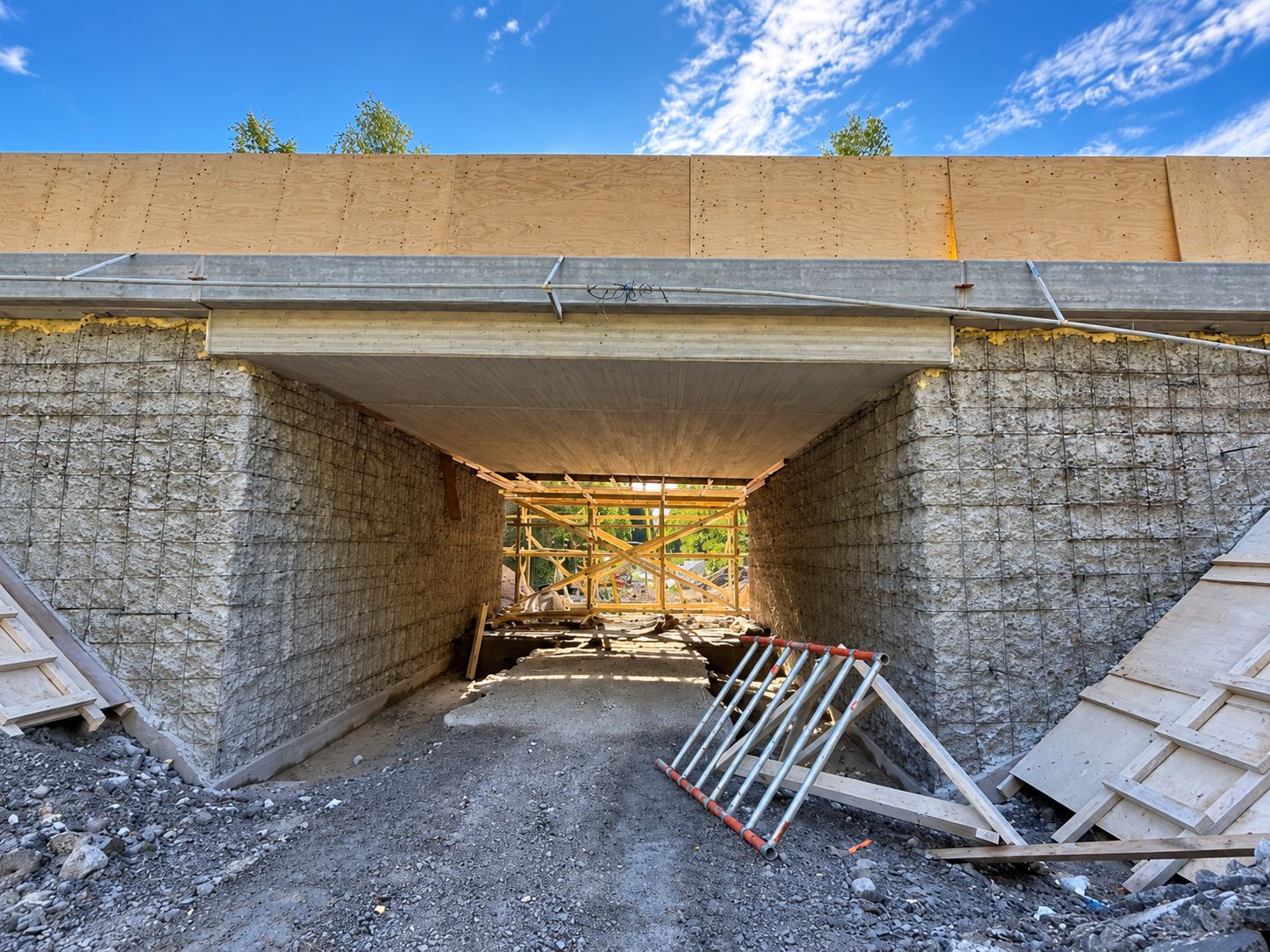 Rakenteilla oleva alikulkukäytävä: betoniset tukimuurit, kansilaatta ja muottityö tunnelin sisällä.